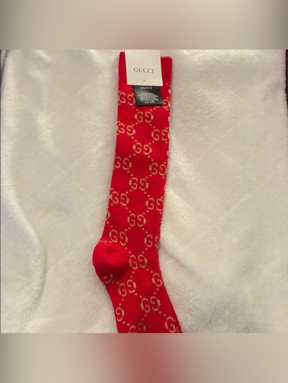 New with Tags Gucci. Red and Yellow Lame Sparkle Knee Hight Socks